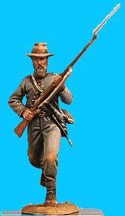 Confederate running jacket open. Rifle at ready